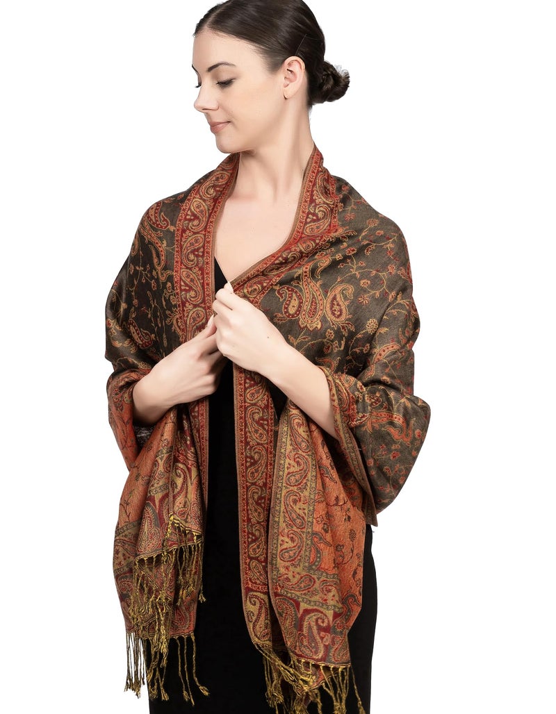 Achillea Soft Silky Reversible Paisley Pashmina Shawl Wrap Scarf w/Fringes (Olive Burgundy) - Image 2